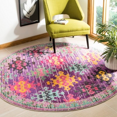 Vibrant Purple and Multicolor Round Synthetic Boho Area Rug