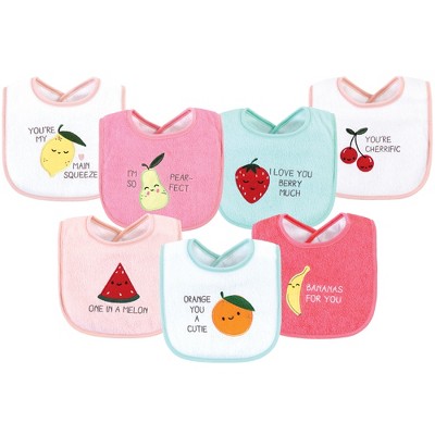Hudson Baby Infant Girl Cotton Terry Drooler Bibs with Fiber Filling, Fruits, One Size