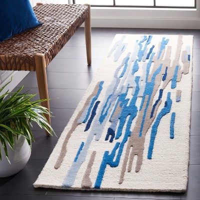 Ivory and Blue Hand-Tufted Wool Runner Rug
