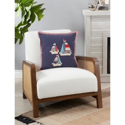 Navy Sail Boats Appliqué Square Throw Pillow