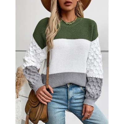 Womens Pullover Sweaters Chunky Crew Neck Sweater Knit Long Sleeve Color Block Sweater Cable Knit Sweater Womens Fall Outfits