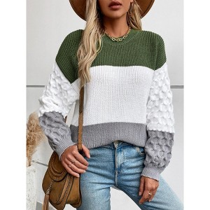 Womens Pullover Sweaters Chunky Crew Neck Sweater Knit Long Sleeve Color Block Sweater Cable Knit Sweater Womens Fall Outfits - 1 of 4