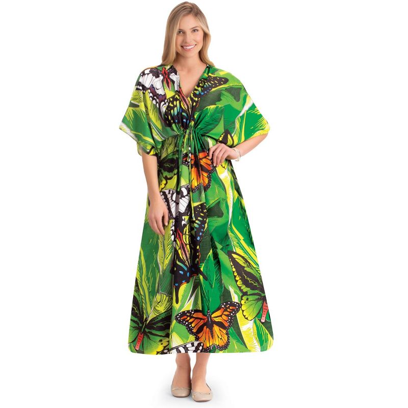 Collections Etc Tropical Butterfly Drawstring V-Neck Caftan, 3 of 5
