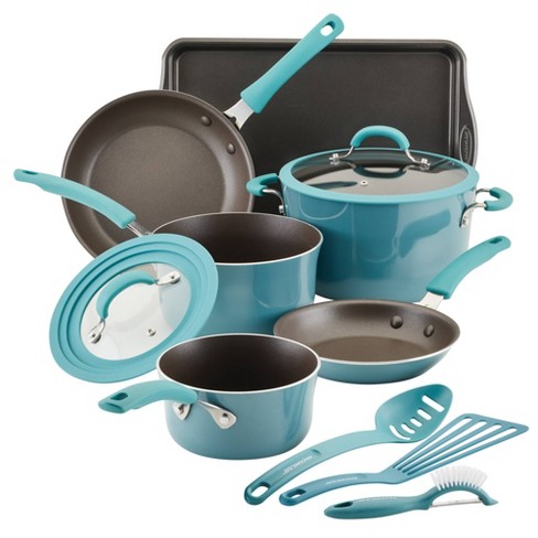  Rachael Ray Classic Brights Hard Pots and Pans Set, 15 Piece -  Agave Blue & Kitchen Tools and Gadgets Nonstick Utensils/Lazy Spoonula,  Solid and Slotted Spoon, 3 Piece, Marine Blue: Home