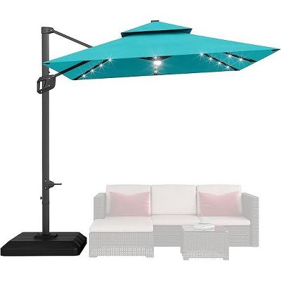 10ft Heavy Duty Cantilever Patio Umbrella with Solar LED Lights and Weighted Base, 2-Tier Aluminum Offset Outdoor Umbrella with 360-Degree Rotation