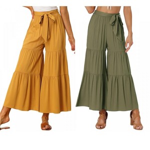 INSPIRE CHIC Women's Boho Elastic High Waist Tie Belt Ruffle Hem Wide Leg Palazzo Pants 2 Packs - 1 of 4