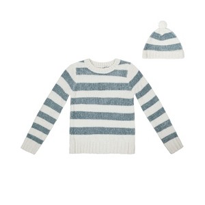 Derek Heart Girls Chenille Sweater and Hat Set, Egret/Abyss - 1 of 2