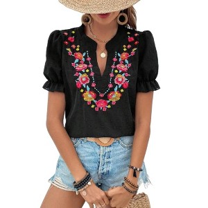 Coolmee Women's Casual Floral Embroidered V Neck Boho Short Puff Sleeve Shirts Loose Summer Blouses Tops Fashion Clothes - 1 of 4