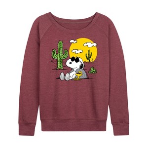 Women's - Peanuts - Snoopy and Woodstock Lightweight French Terry Wide Neck Long Sleeve Shirt - 1 of 4