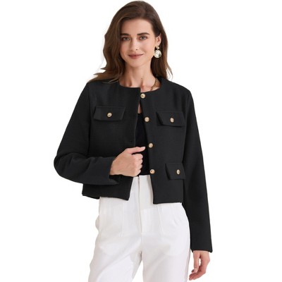 INSPIRE CHIC Women's Cropped Tweed Long Sleeve Button Down Fall Winter Work Business Blazer