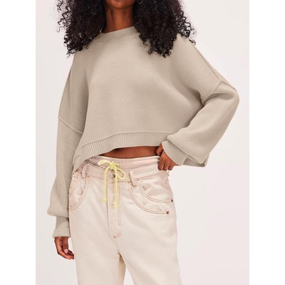 Women's Cropped Sweater Knit Long Sleeve Crewneck Soft Pullover Sweater Top