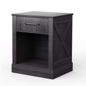 Costway Nightstand with Drawer and Shelf Rustic Wooden Bedside Table Bedroom Brown / Natural / Black