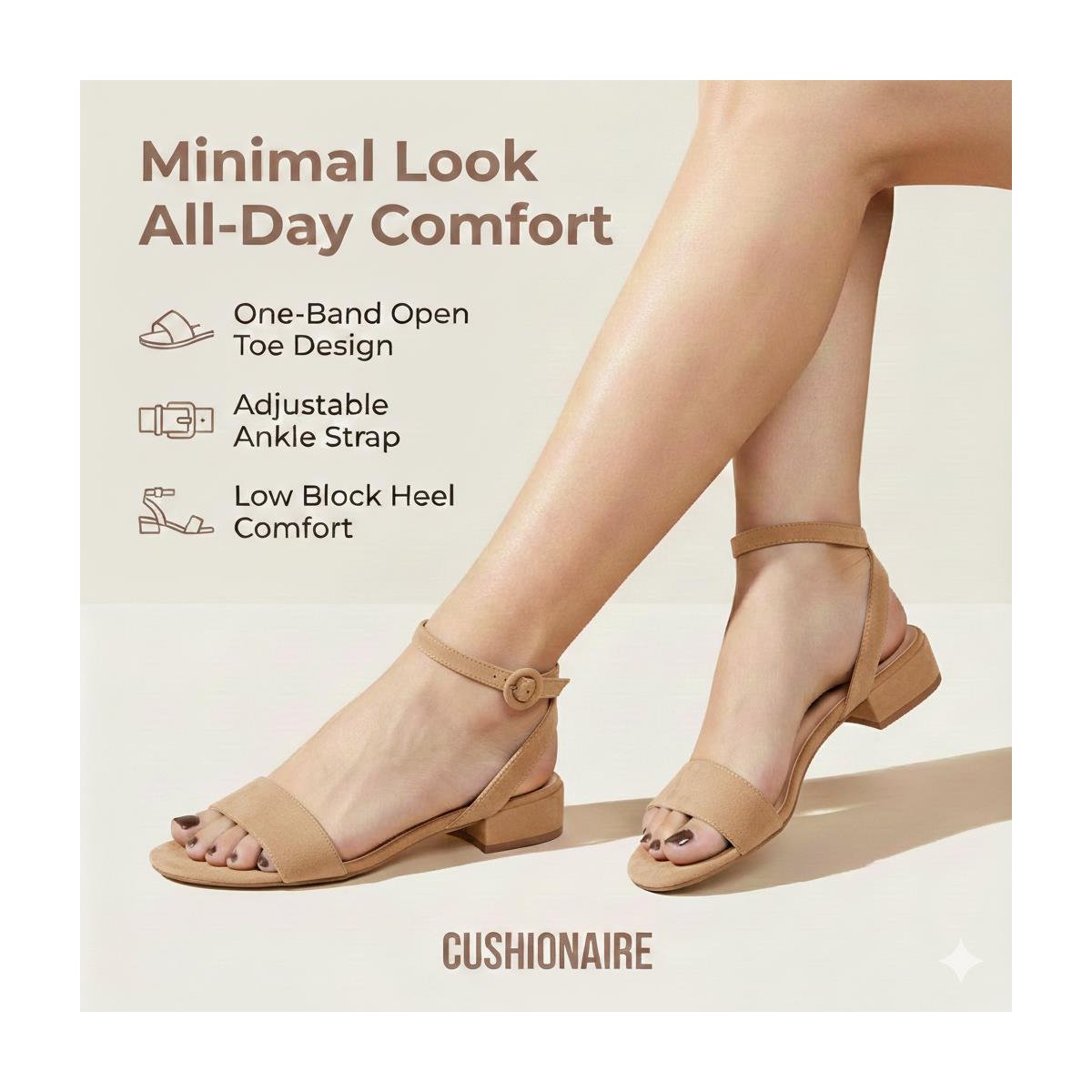 Женские сандалии CUSHIONAIRE Nila Slim One Band Womens Sandals with 1 Inch Low Block Heel and Adjustable Ankle Strap – Elegant Dress Shoes for Women, Taupe 9 — фото 3