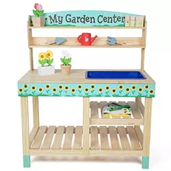 Wooden Toy Gardening Center Indoor/Outdoor Playset - 22 Pc Garden Set w Flowers, Seed Packets, Pots, Shovel, Rake, Apron, Watering Pot- Great Interactive and Fun Playtime Gift for Boys or Girls
