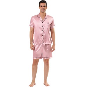Lars Amadeus Men's Short Sleeve Top and Pants Summer Satin Pajama Sets - 1 of 4