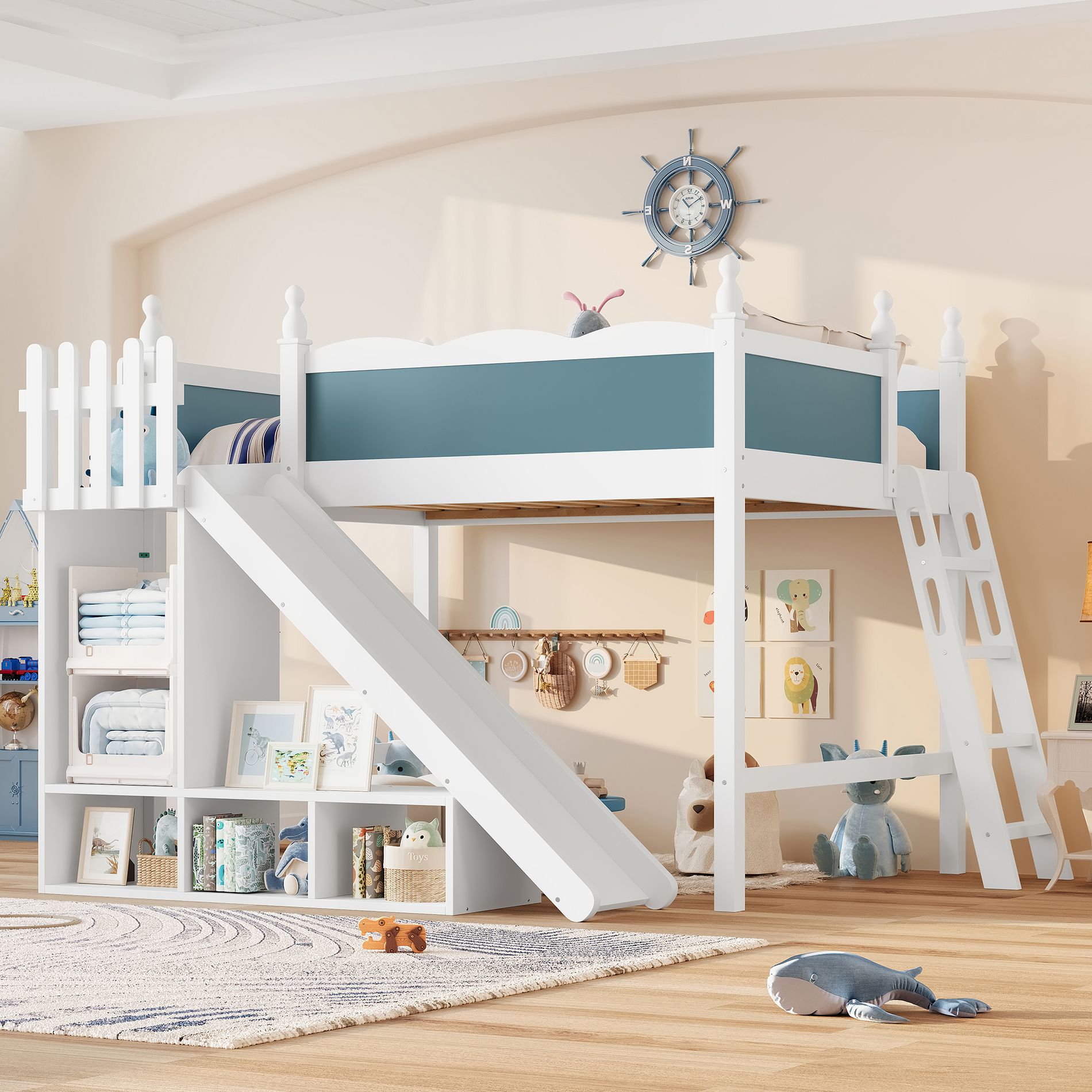 KWPZQEB Kids Loft Bed with Storage Shelves, Detachable Slide and Ladders, Wooden Kids Loft Bed with Safety Guardrail, Under-Bed Play Space