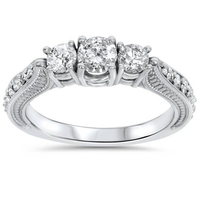 Pompeii3 1ct 3 Stone Vintage Diamond Engagement Ring 14K White Gold