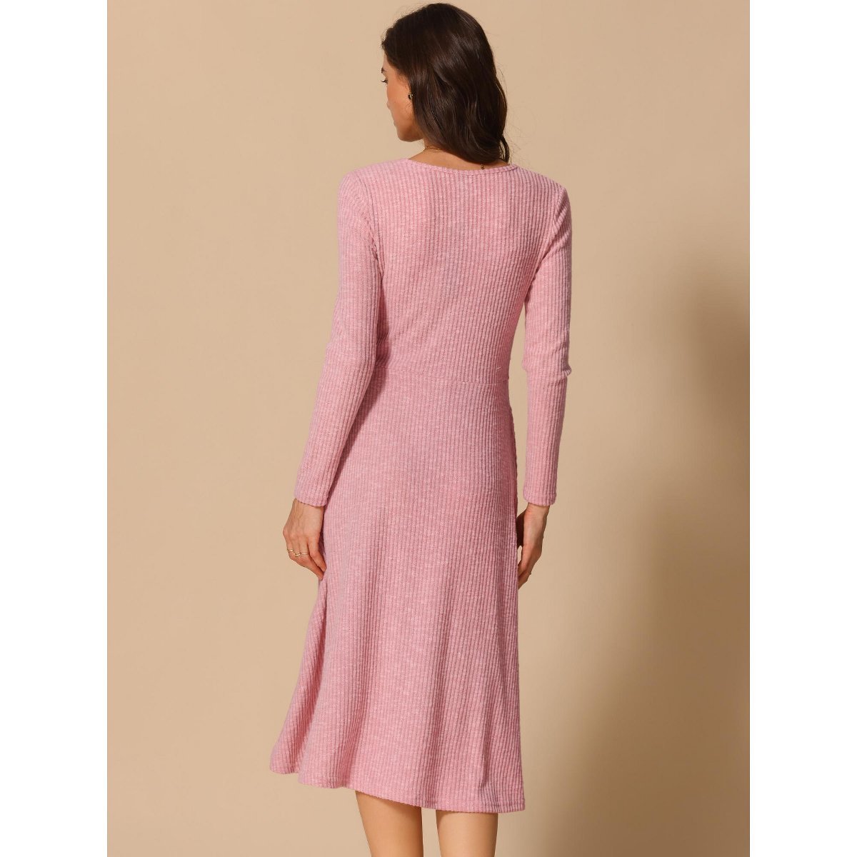 Женские платья INSPIRE CHIC Women's V-neck long Sleeve A-line wrap Ribbed Knit Dress Pink Large — фото 3