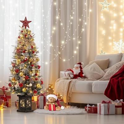 4.5FT Prelit Premium Snow Flocked Artificial Christmas Tree with 8 Mode Warm White LED, Mini Prelit Xmas Pine Tree, Snowflake Vintage Base