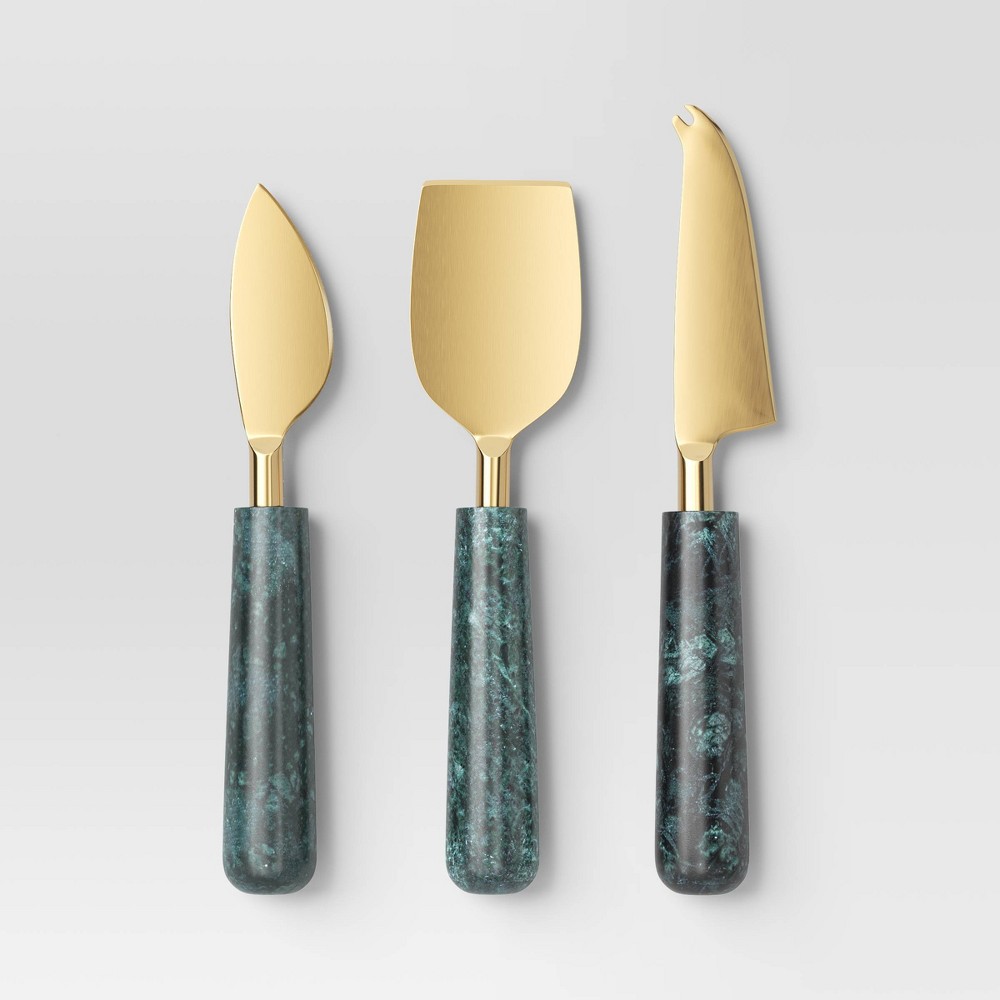 3pc Stainless Steel Cheese Knife Set with Green Marble Handle - Threshold™: Modern Cutlery, Stamped Construction