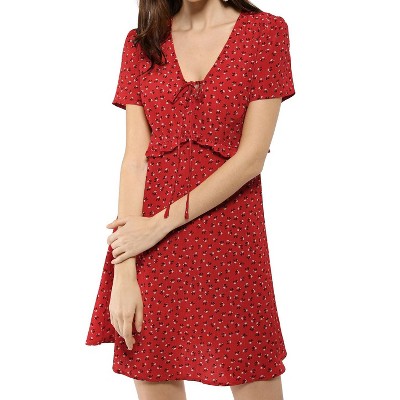 Allegra K Women's Regular Fit Floral Ruffle Trim Tie V Neck Shorts Sleeves  Mini Dress Red Large : Target