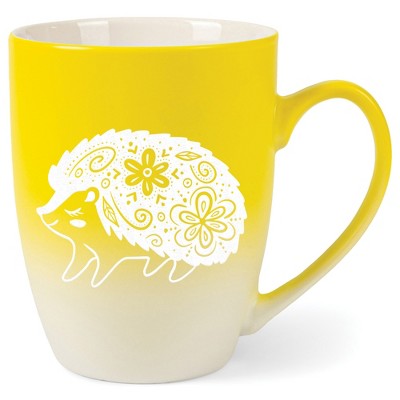Elanze Designs 12 Ounce Two Toned Ombre Ceramic Tea Coffee Cup Mug Yellow White Woodland Floral Hedgehog