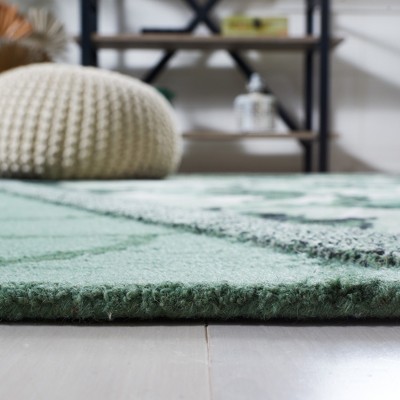 Ivory and Green Wool Tufted Square Area Rug