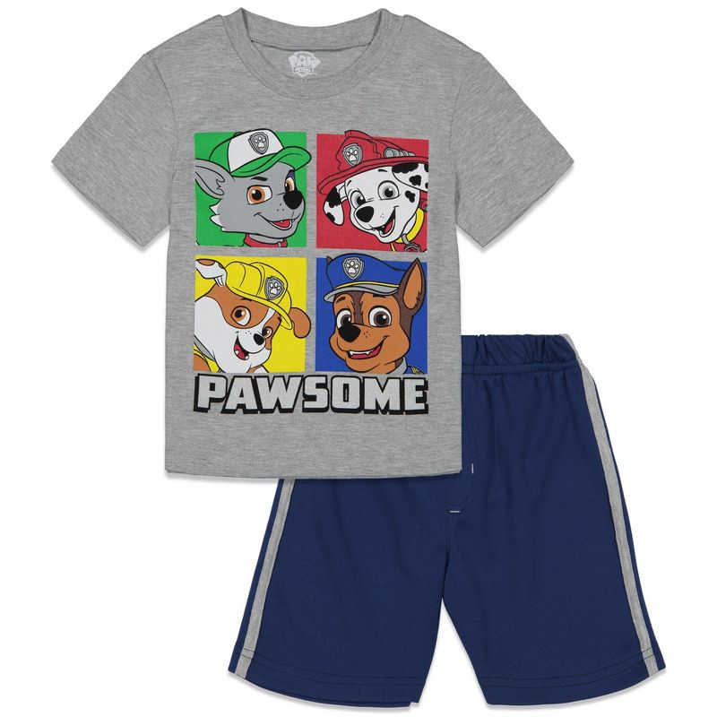 Paw Patrol Chase Marshall Rubble Pullover T-Shirt and Mesh Shorts Outfit Set Toddler to Big Kid, 1 of 5