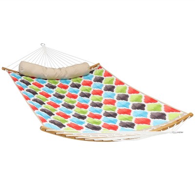 Sunnydaze Heavy-Duty Quilted 2-Person Hammock with Curved Bamboo Spreader Bars - 450 lb Weight Capacity - Multicolored Quatrefoil