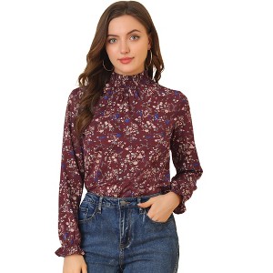 Allegra K Women's Boho Vintage Ruffled Neck Keyhole Back Floral Blouse - 1 of 4