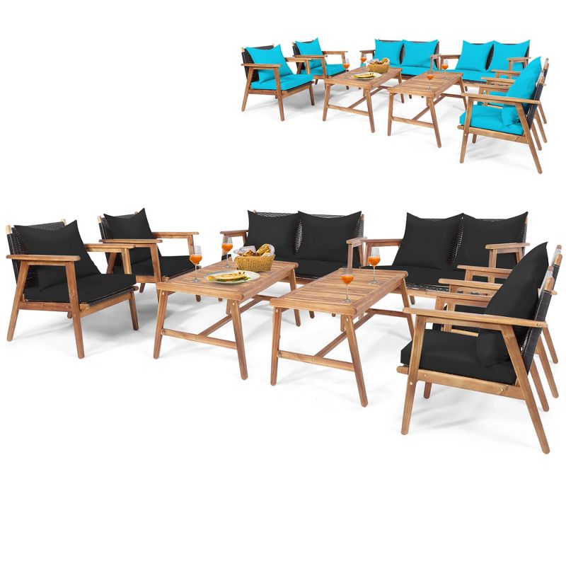 Costway 8PCS Patio Rattan Furniture Set Wooden Cushioned Sofa with Black & Turquoise Cover, 2 of 11