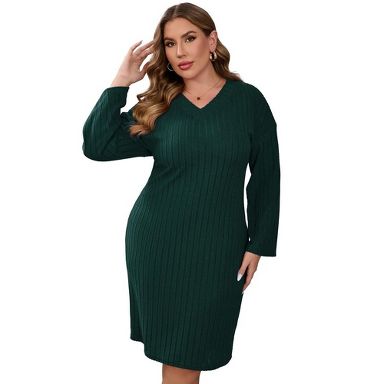 Garvee Womens Plus Size Sweater Dress Long Sleeve Ribbed Knit Dress Winter  Loose Casual Pullover Sweater Midi Dresses,Dark green,5XL : Target