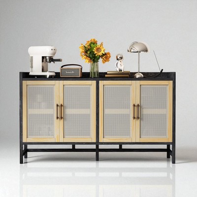 Sideboard Buffet Cabinet with Rattan Doors, 4-Door Storage Cabinet with Adjustable Shelves, Solid Wood Legs for Dining Room, Kitchen, Living Room