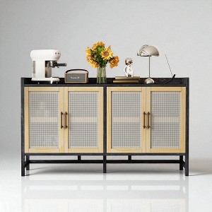 Sideboard Buffet Cabinet with Rattan Doors, 4-Door Storage Cabinet with Adjustable Shelves, Solid Wood Legs for Dining Room, Kitchen, Living Room - 1 of 4