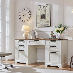 Executive Desk with Drawers, 60" Farmhouse Office Desk with Charging & File Drawer, Wood Home Writing Work Desk - 1 of 4