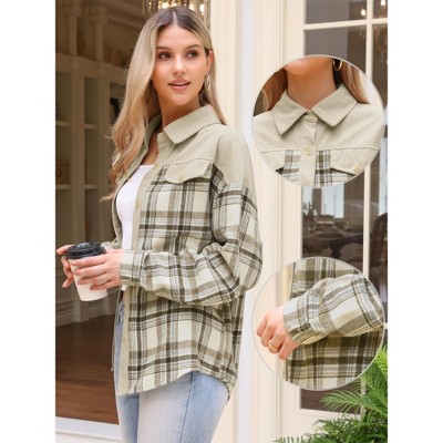 INSPIRE CHIC Women's Corduroy Flannel Shacket Plaid Button Down Casual Shirt Jackets Apricot Medium — фото 2