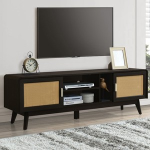 KTMBDW TV Stand for TVs up to 65'', Entertainment Center With Rattan Door, Shelves & 2 Cabinets, Long Boho Media Console for Living Room, Black - 1 of 4