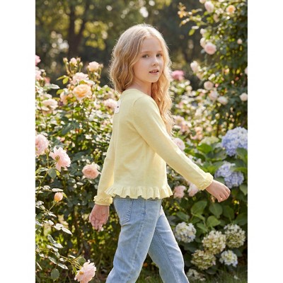 INSPIRE CHIC Girls Crew Neck Long Sleeve Top Ruffle Cuff Lettuce Hem Fall Winter Kids 5-10 Y Basic Knit Shirt Small Light Yellow — фото 3