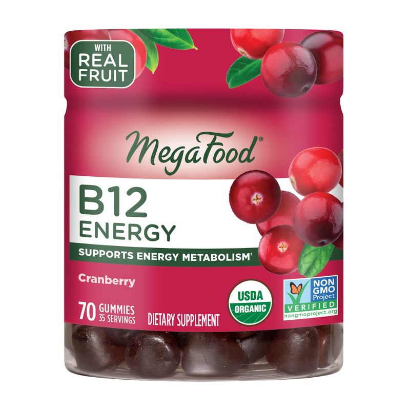 MegaFood Vitamin B12 Energy, Vitamin B, Organic, Vegan Gummies - Cranberry - 70ct, 1 of 11
