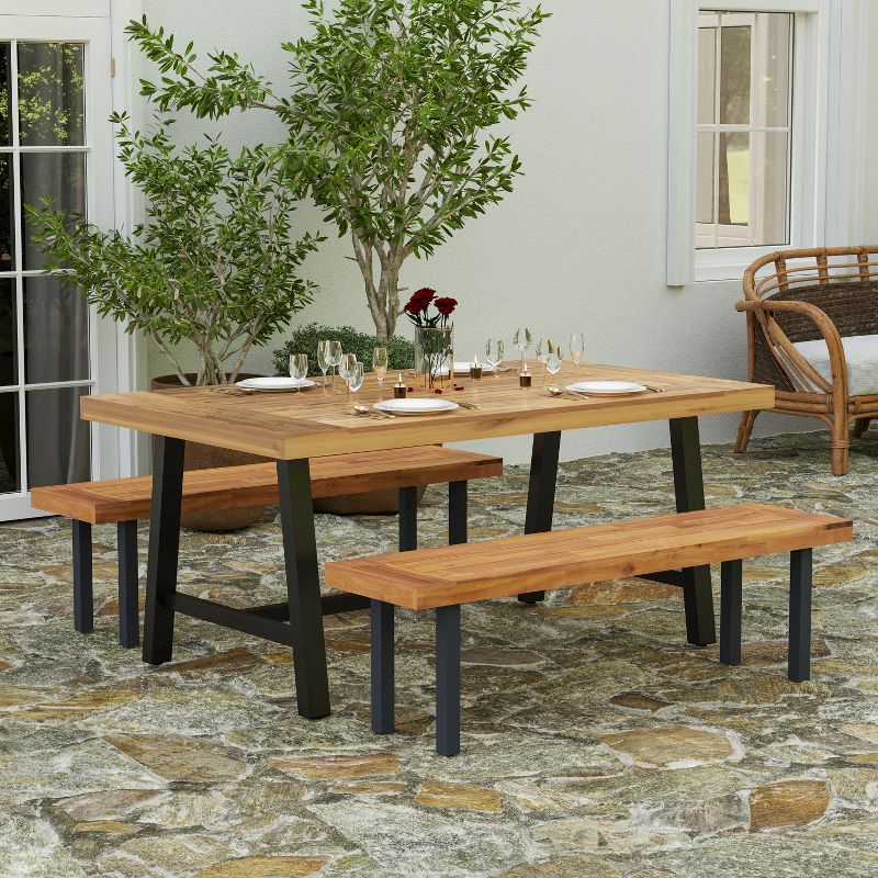 Merrick Lane Solid Acacia Wood Dining Table in a Natural Finish with Black Metal Legs for Indoor and Outdoor Use, 2 of 11
