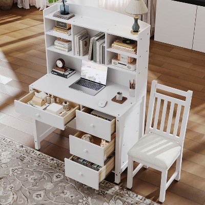 NicBex Vintage Standing Office Desk with Upholstered Chair, Writing Desk with Storage Shelf and Four Drawers for Living Room, Office