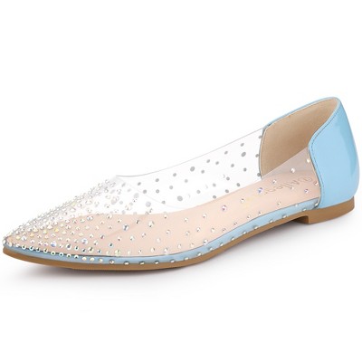 Allegra K Women's Pointed Toe Clear Rhinestone Ballet Flats