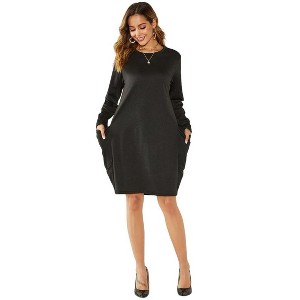 Clearlove Womens Round Neck Long Sleeve Knit Sweater Dress  Large Side Pockets Mini Dresses - 1 of 4