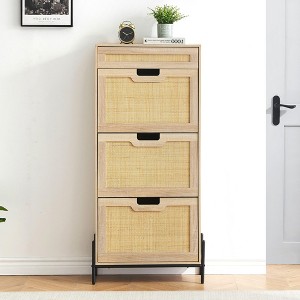 Rattan 3 Flip Drawer Shoe Cabinet, Entryway Natural Oak Wooden Shoe Rack with Drawer and Adjustable Shelves Freestanding for Entryway Hallway - 1 of 4