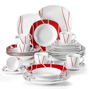 vancasso 30-Piece Porcelain White and Red line Dinnerware Set with Dinner/Soup/Dessert Plates Cups Saucers Service for 6 People - 1 of 4