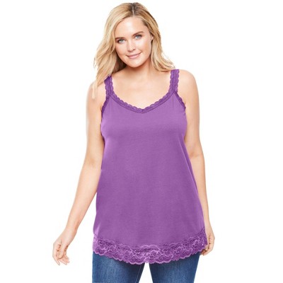 Woman Within Plus Size Lace-Trim V-Neck Tank
