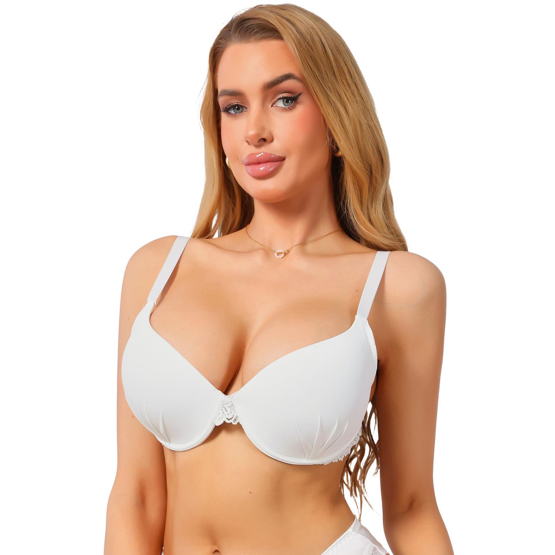 INSPIRE CHIC Women's Plunge Push Up Underwire Bra Lace Trim Adjustable Straps Comfort No Show Everyday Bra White 38D