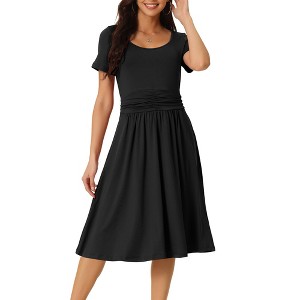 Seta T Women's Casual Scoop Neck Short Sleeve Ruched Midi Knit A-Line Dress with Pockets - 1 of 4