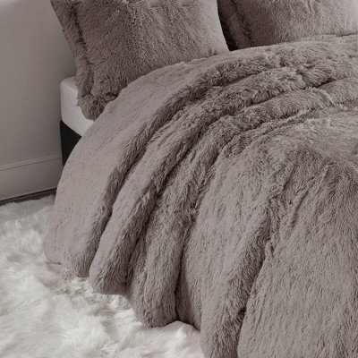 Gray Shaggy Faux Fur Twin Bedspread Cover Set