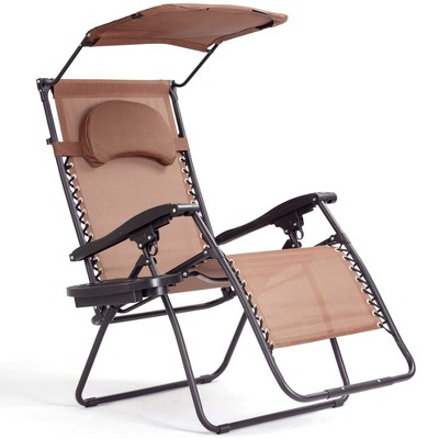 Tangkula Recling Zero Gravity Chair with Drink Tray & Sunshade, Brown